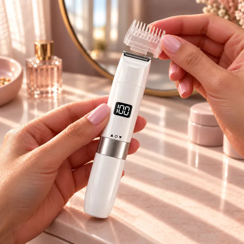 Clipping the guide comb onto the face and body trimmer at a vanity