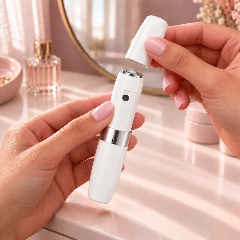 Pulling the cap off the mini hair remover at a vanity, the round head showing