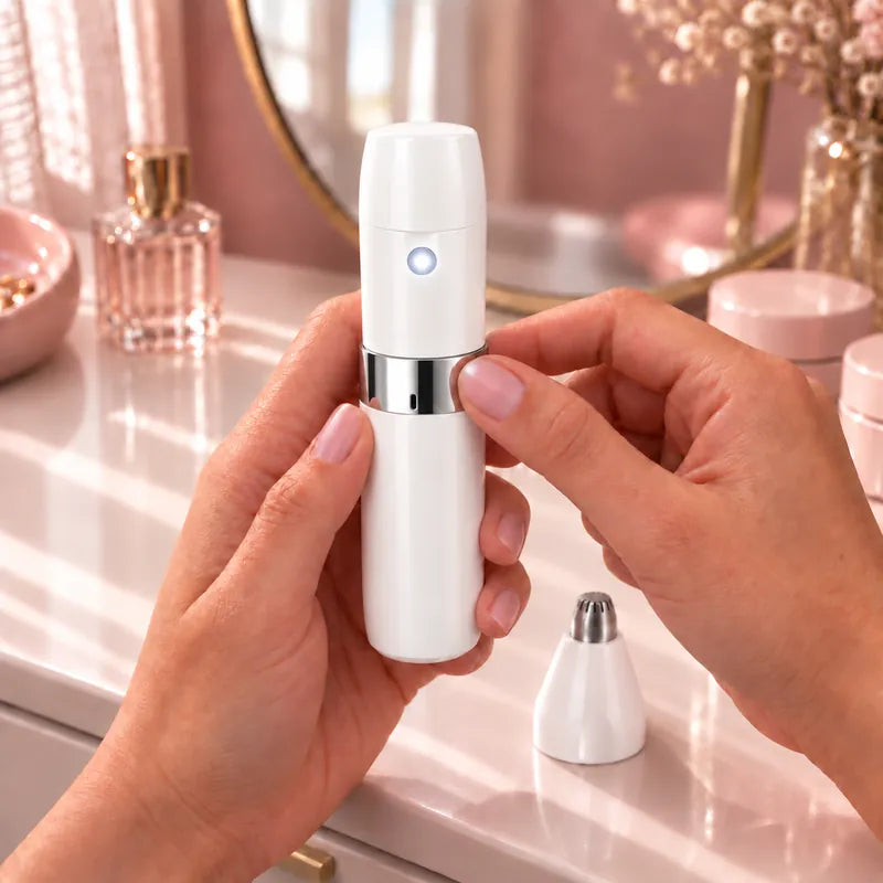 Turning the mini hair remover's silver band to switch it on, its light on