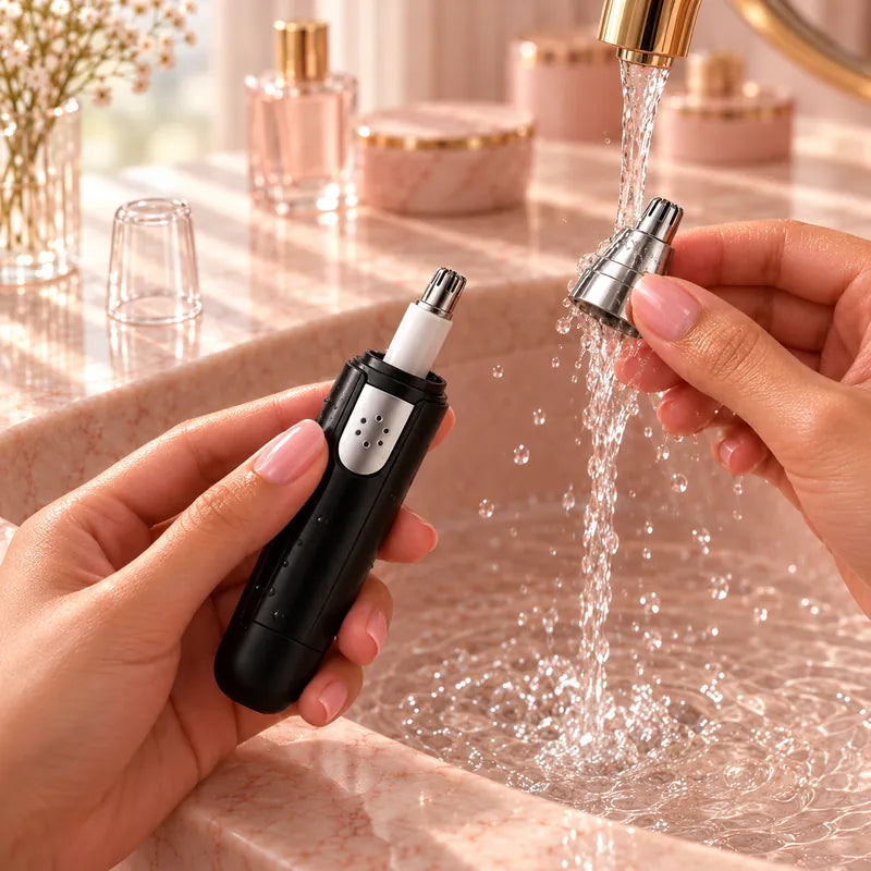 Rinsing the nose, ear and brow trimmer's head under running water