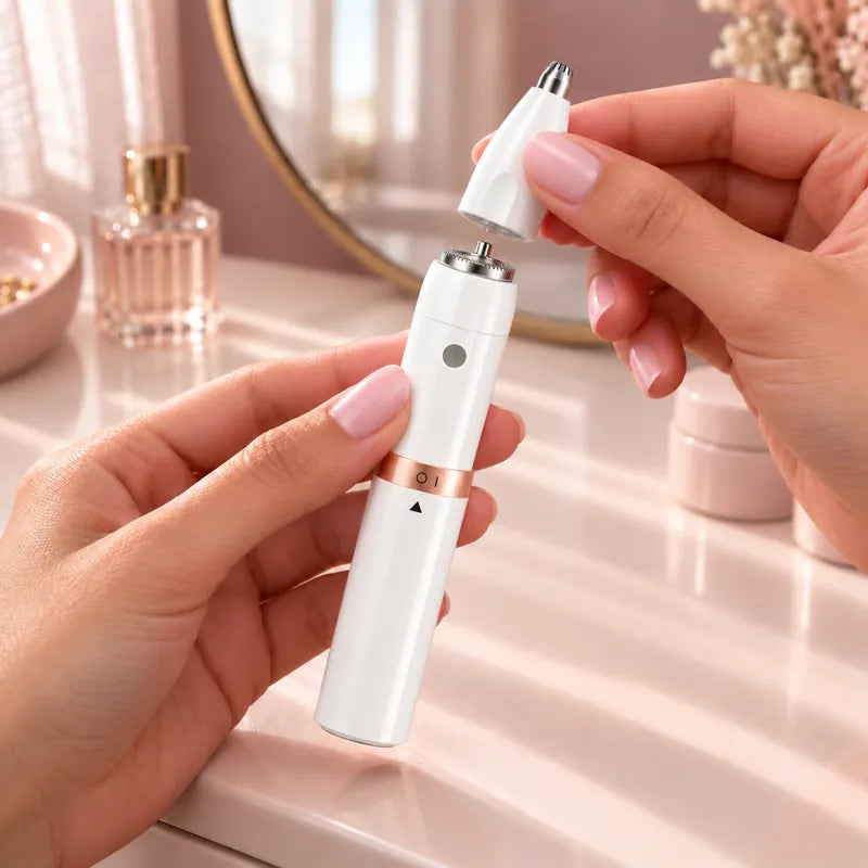 Fitting the slim brow head onto the white grooming pen at a vanity