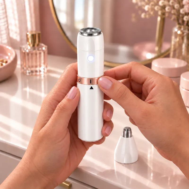 Turning the grooming pen's rose-gold ring to switch it on, its light on, the slim head on the counter