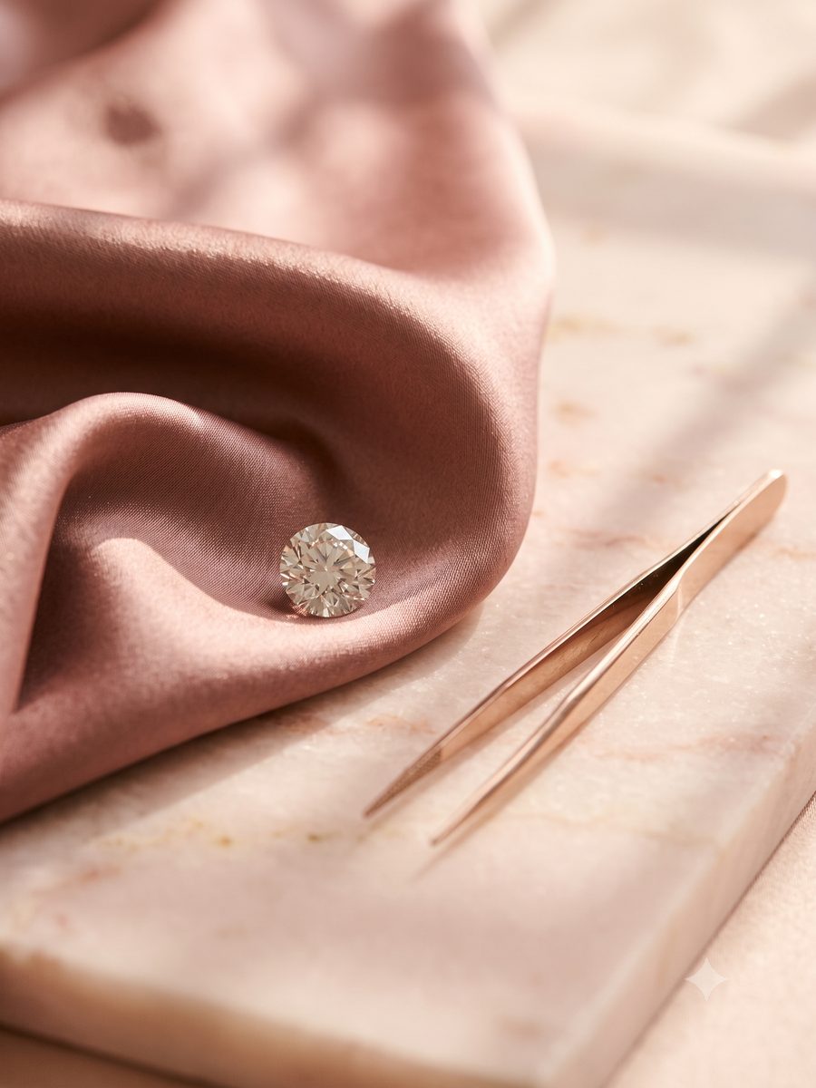 A cut diamond resting on dusty-rose satin beside rose-gold tweezers