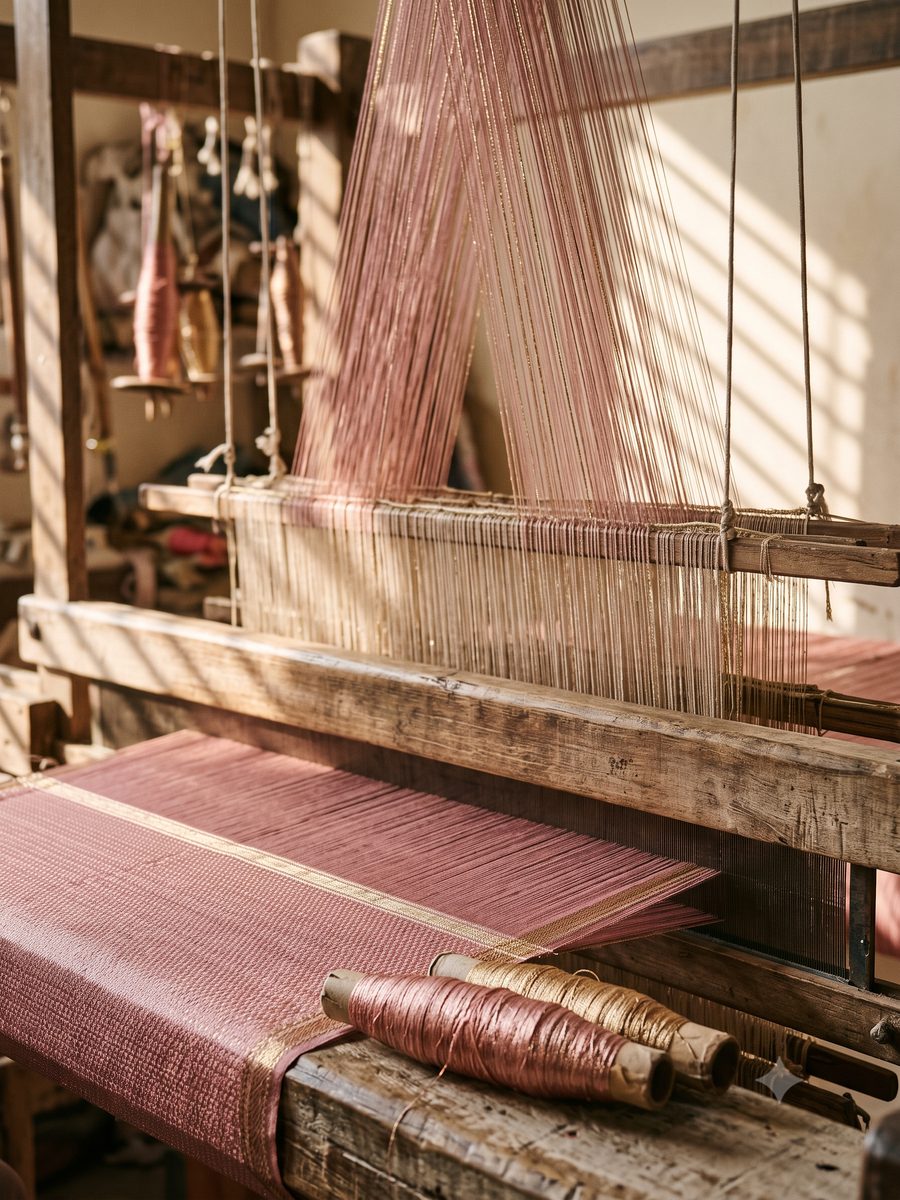 Dusty-rose silk and gold zari threads on a wooden handloom